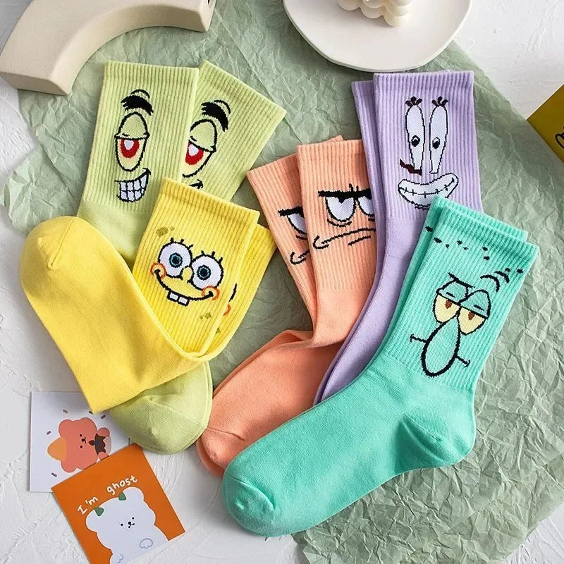 5Pair Spongebobed Anime Cotton Socks Boy Girl Long Tube Tide Socks Student Breathable Socks Anime Comfortable Mid-Calf Sock Gift