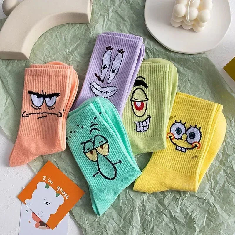 5Pair Spongebobed Anime Cotton Socks Boy Girl Long Tube Tide Socks Student Breathable Socks Anime Comfortable Mid-Calf Sock Gift